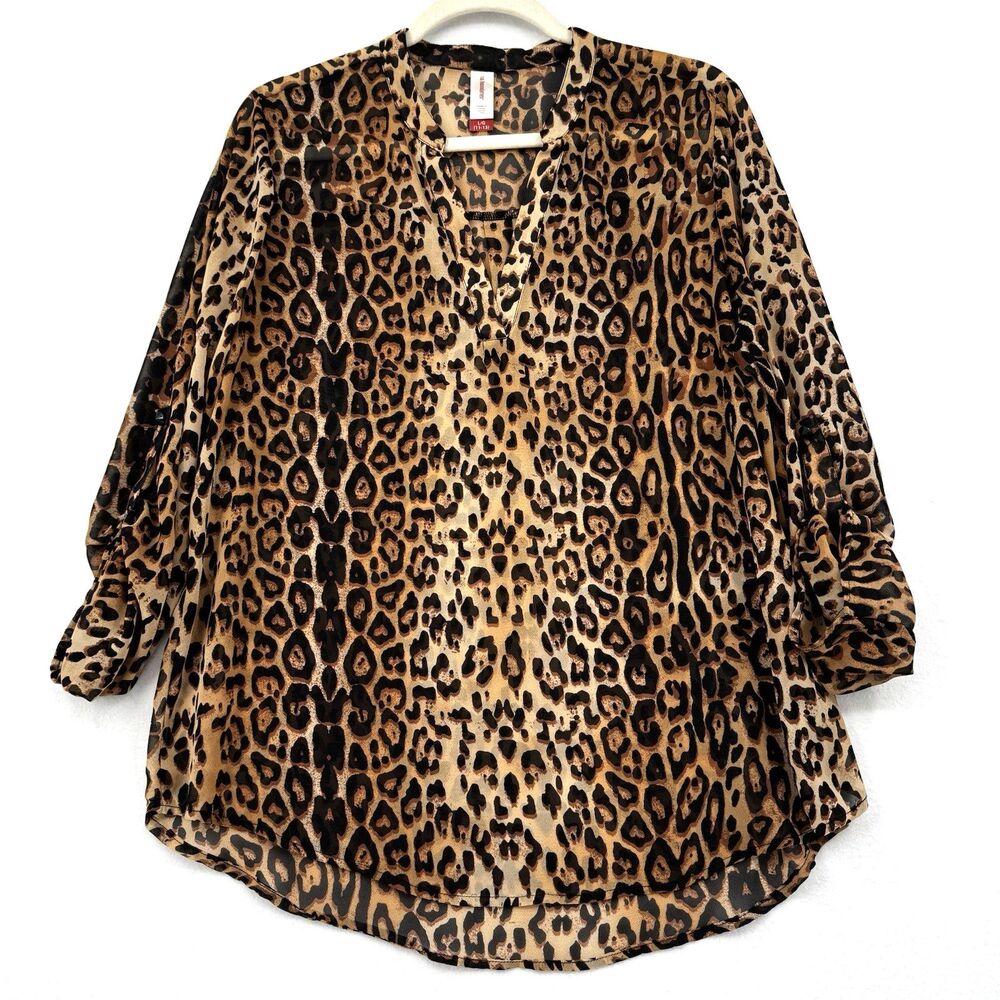 No Boundaries Leopard Print Sheer Blouse Women Large Brown Black Layer Tunic Top